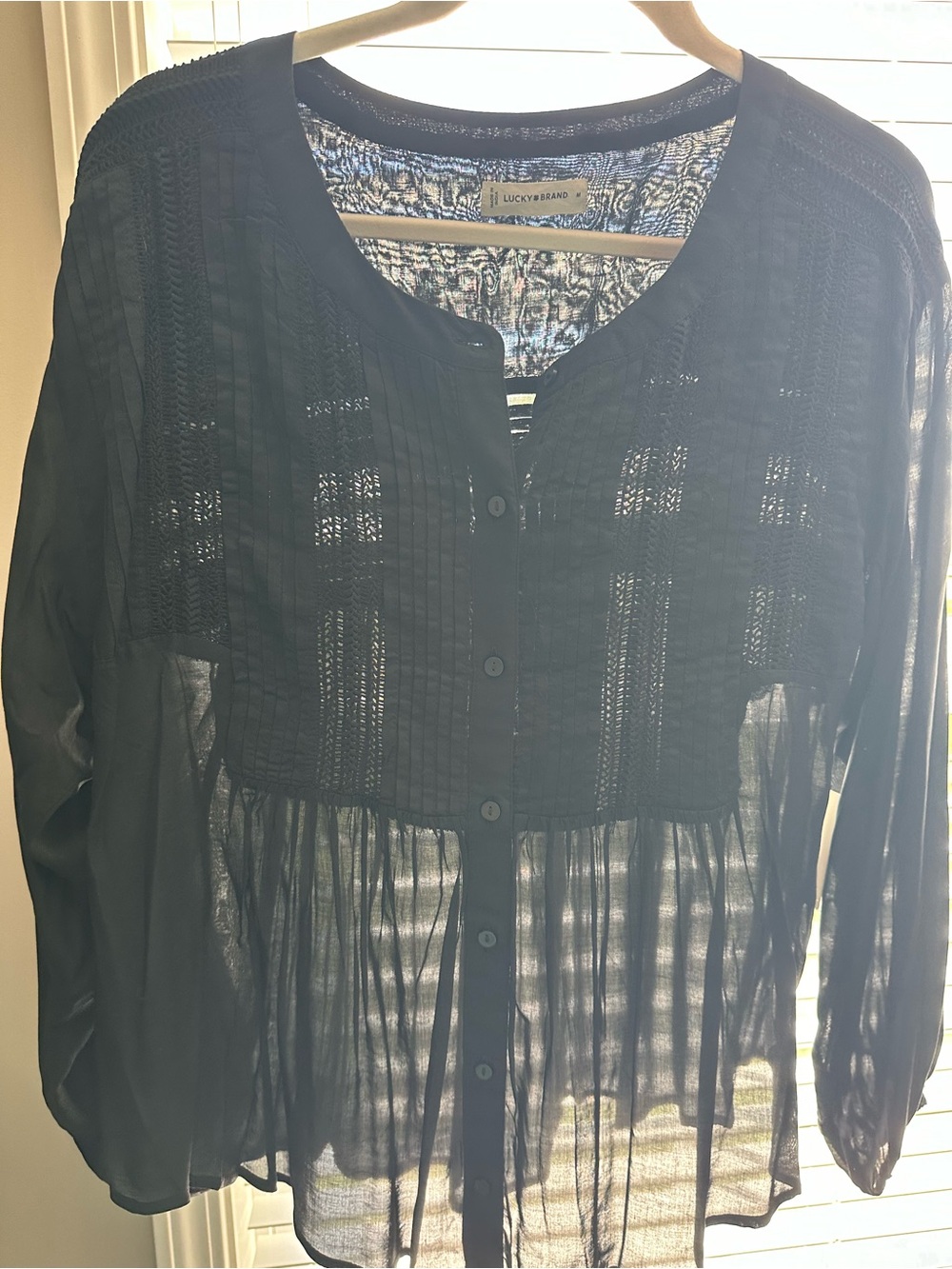 Lucky Brand Black Button-Front Peasant Blouse with Pintuck Lace NWT - Picture 6 of 12